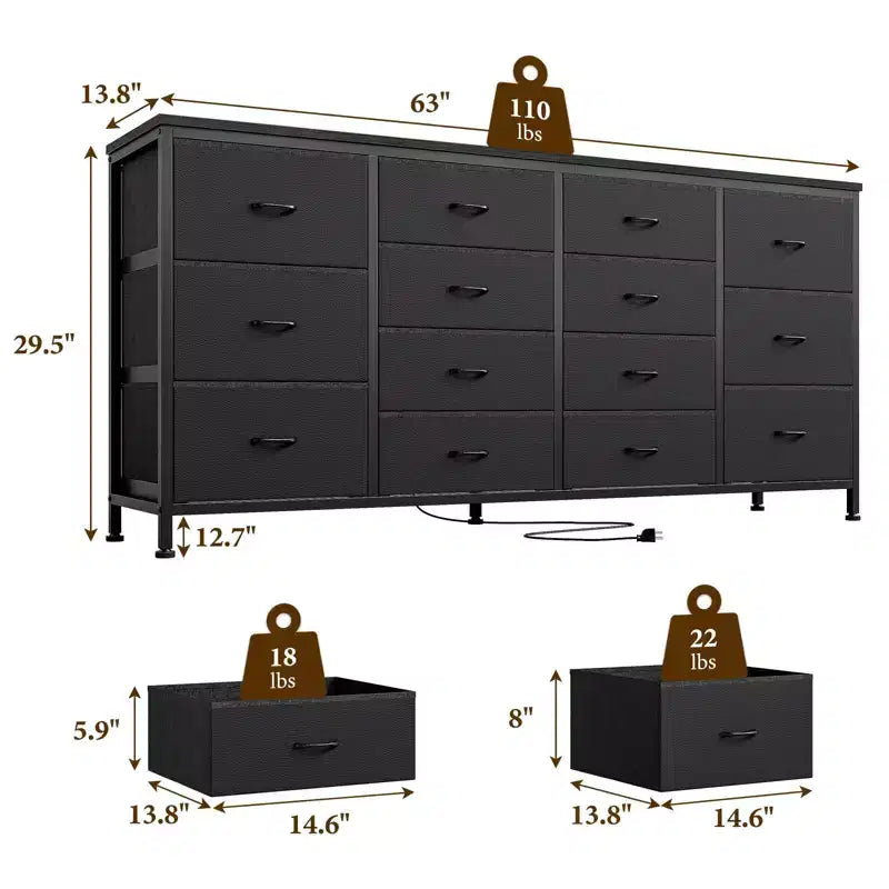 Commode de 160 cm avec 14 tiroirs en tissu, meuble TV commode large avec ports USB intégrés