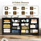 Commode de 160 cm avec 14 tiroirs en tissu, meuble TV commode large avec ports USB intégrés