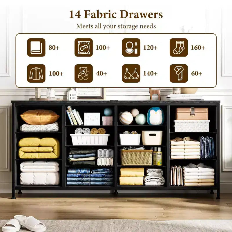 Commode de 160 cm avec 14 tiroirs en tissu, meuble TV commode large avec ports USB intégrés