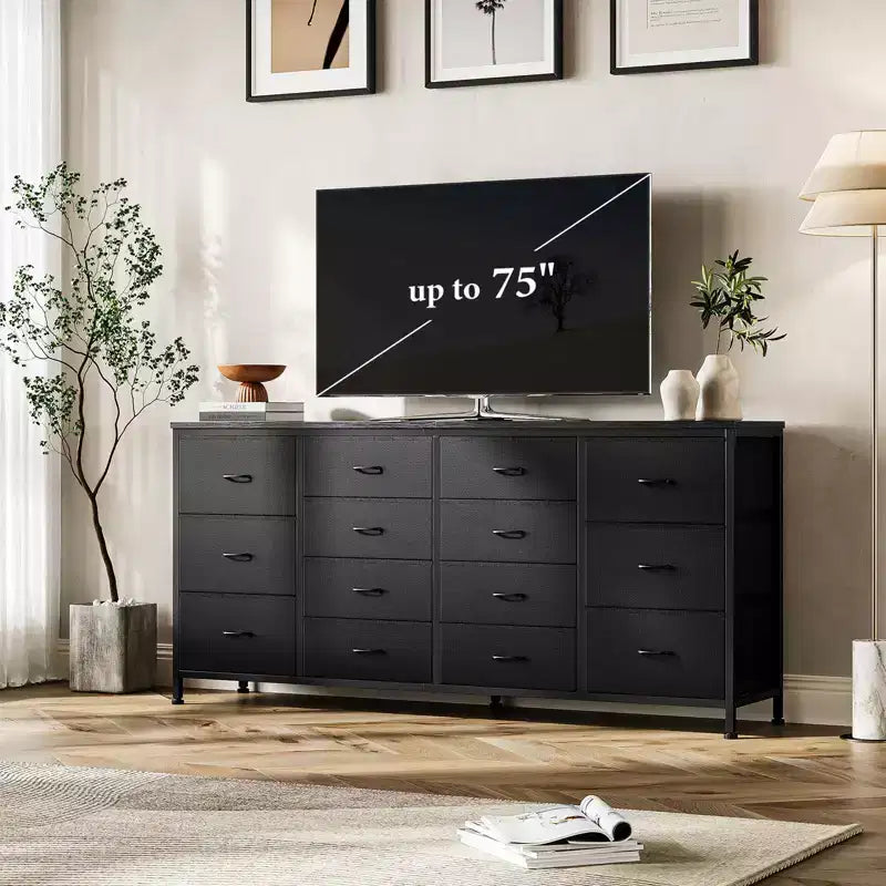 Commode de 160 cm avec 14 tiroirs en tissu, meuble TV commode large avec ports USB intégrés