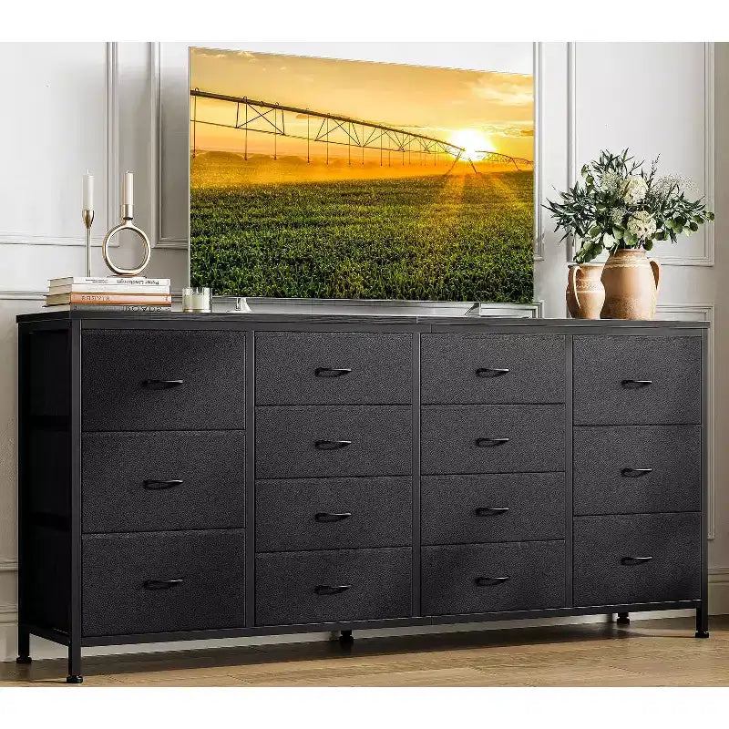 Commode de 160 cm avec 14 tiroirs en tissu, meuble TV commode large avec ports USB intégrés