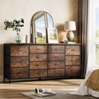 Commode de 160 cm avec 14 tiroirs en tissu, meuble TV commode large avec ports USB intégrés
