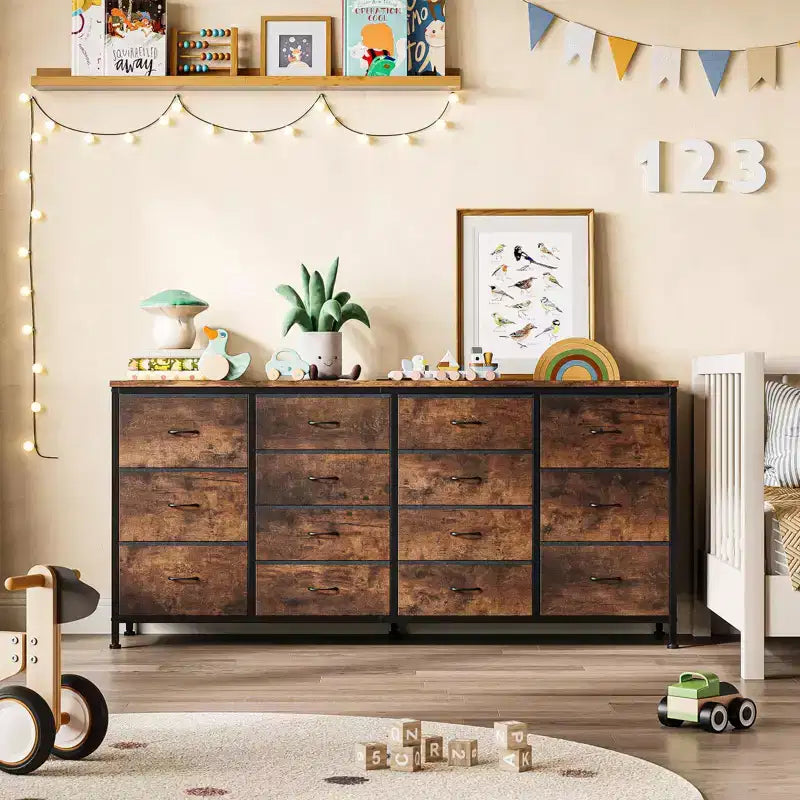 Commode de 160 cm avec 14 tiroirs en tissu, meuble TV commode large avec ports USB intégrés