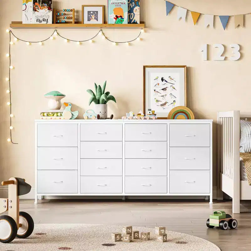Commode de 160 cm avec 14 tiroirs en tissu, meuble TV commode large avec ports USB intégrés