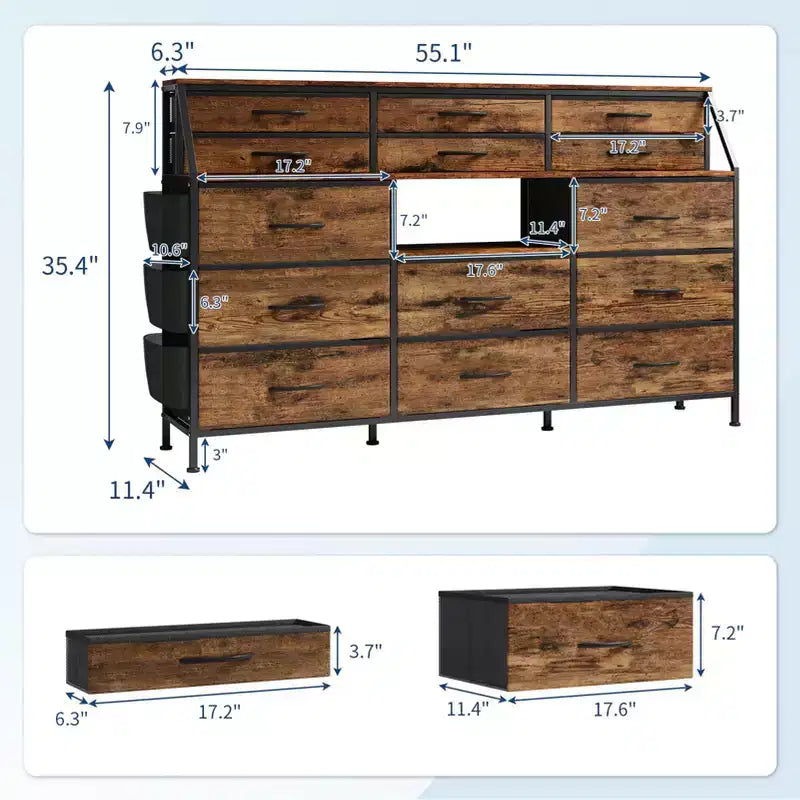Commode de chambre à 14 tiroirs, commode de 55 po de largeur avec poche latérale