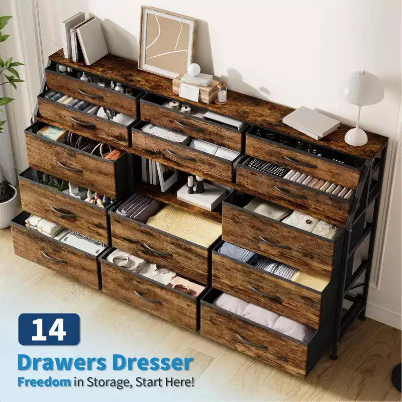 Commode de chambre à 14 tiroirs, commode de 55 po de largeur avec poche latérale