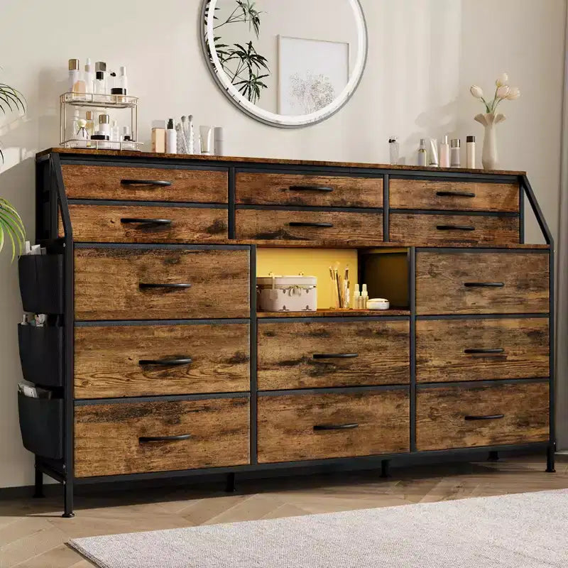 Commode de chambre à 14 tiroirs, commode de 55 po de largeur avec poche latérale