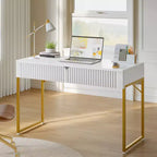 Bestier 47''Elegant Fluted Computer Desks,Modern White Makeup Vanity Table & Study Writing Desk with Gold Metal Frame for Bedroom, Office,White