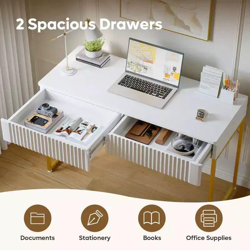 Bestier 47'' Élégant Bureau d'ordinateur cannelé, Table de maquillage moderne et Bureau d'étude avec cadre en métal doré pour chambre à coucher, bureau, Blanc