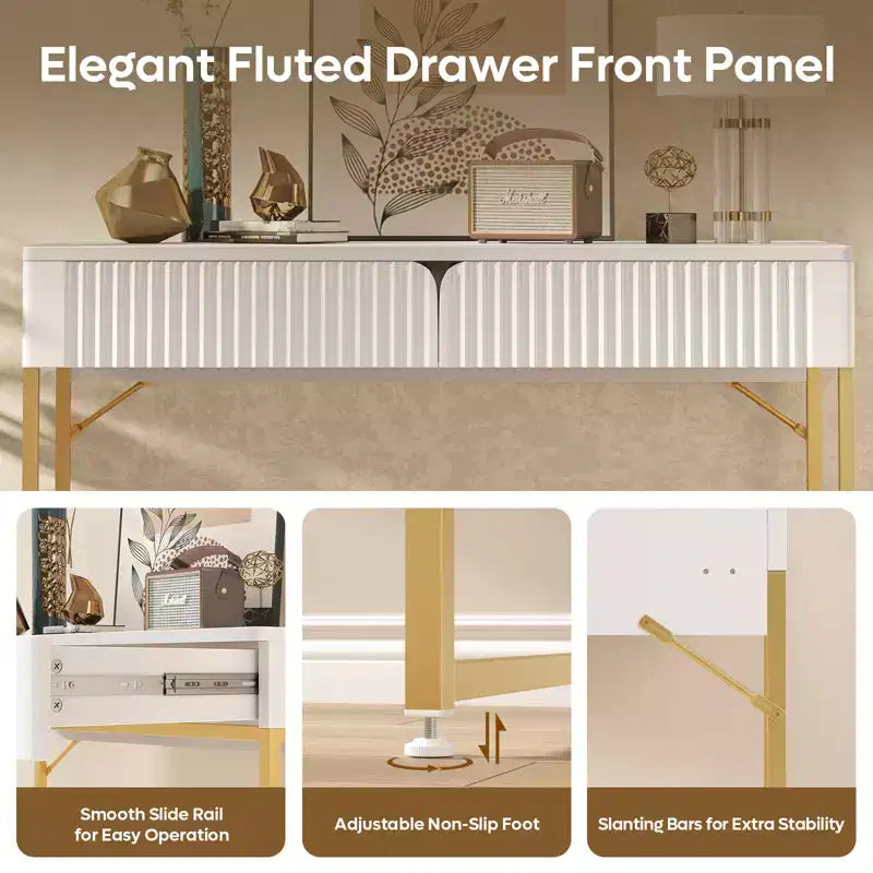 Bestier 47'' Élégant Bureau d'ordinateur cannelé, Table de maquillage moderne et Bureau d'étude avec cadre en métal doré pour chambre à coucher, bureau, Blanc