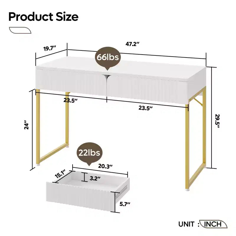 Bestier 47'' Élégant Bureau d'ordinateur cannelé, Table de maquillage moderne et Bureau d'étude avec cadre en métal doré pour chambre à coucher, bureau, Blanc