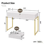 Bestier 47'' Élégant Bureau d'ordinateur cannelé, Table de maquillage moderne et Bureau d'étude avec cadre en métal doré pour chambre à coucher, bureau, Blanc