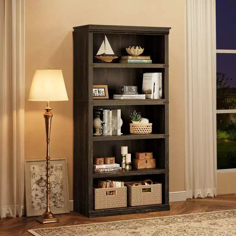 Bibliothèque à 5 niveaux, étagère de rangement ouverte style ferme, 31,4 x 12,7 x 67,4 pouces