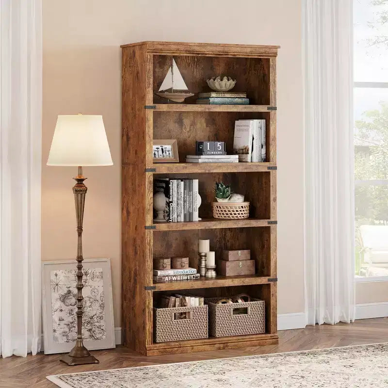 Bibliothèque à 5 niveaux, étagère de rangement ouverte style ferme, 31,4 x 12,7 x 67,4 pouces