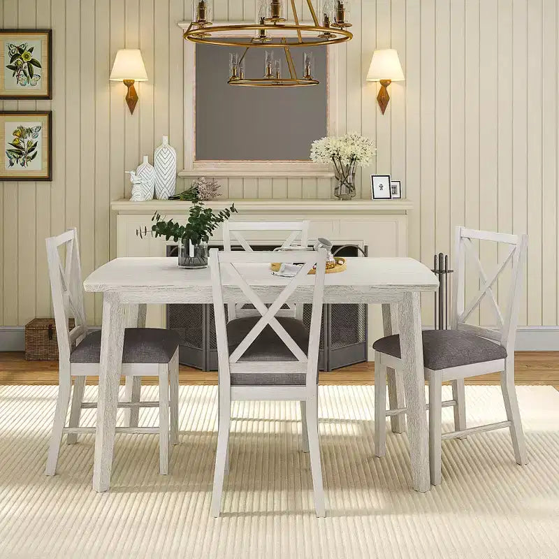 Ensemble de table à manger de style ferme VECELO, table en bois d'hévéa et chaises de salle à manger rembourrées, gris