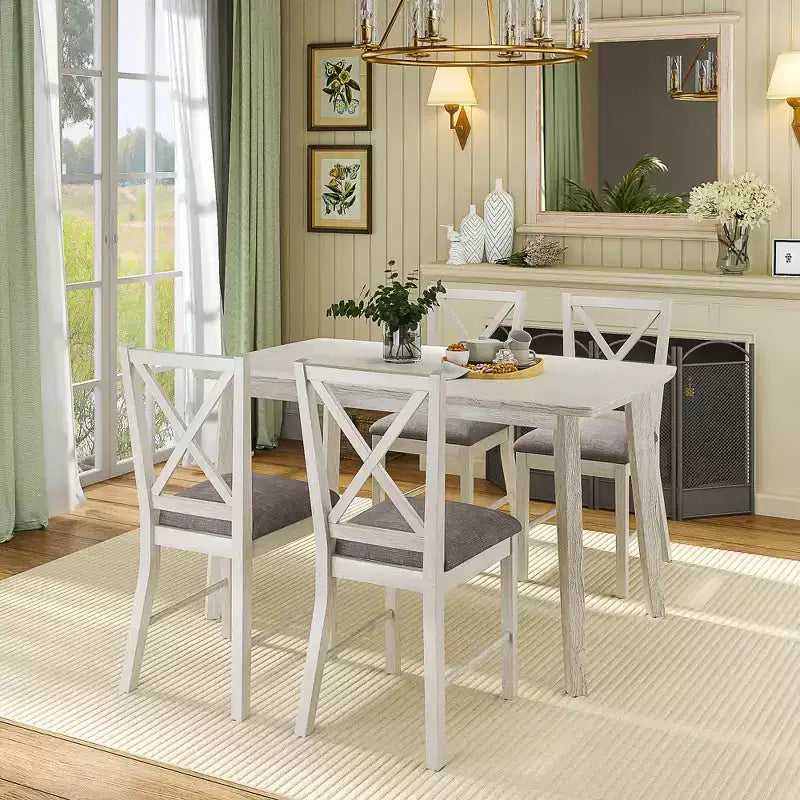 Ensemble de table à manger de style ferme VECELO, table en bois d'hévéa et chaises de salle à manger rembourrées, gris