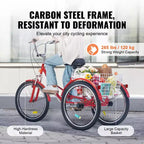 Tricycle pliant adulte VEVOR, Tricycle pliant adulte de 24 pouces, Vélo cruiser à 3 roues en acier au carbone avec grand panier et selle réglable