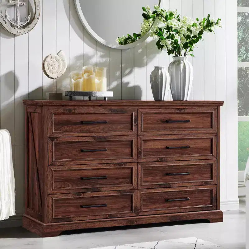 Commode SinCiDo à 8 tiroirs pour chambre à coucher, commode rustique en bois de style ferme avec poignée en métal, organisateur de tiroirs rustique de 52 po de large