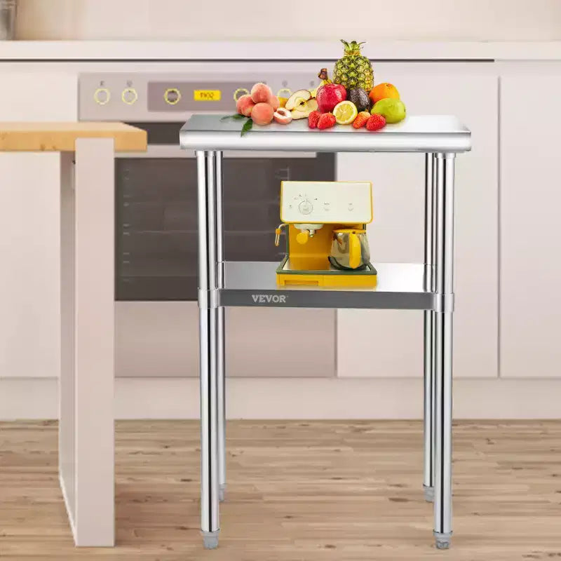 VEVOR Table de préparation en acier inoxydable, 61 x 46 x 91 cm, 272 kg de capacité de charge, table de travail en métal robuste avec étagère inférieure et pieds réglables