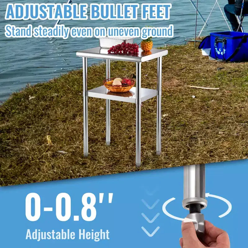 VEVOR Table de préparation en acier inoxydable, 61 x 46 x 91 cm, 272 kg de capacité de charge, table de travail en métal robuste avec étagère inférieure et pieds réglables