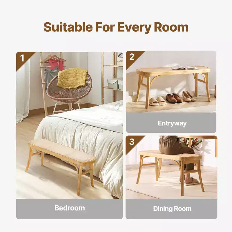 Banc en rotin VEVOR, Banc en rotin en bois de 110 cm, Banc d'entrée avec pieds en bois de chêne, Banc bohème pour bout de lit de chambre avec rotin tissé à la main