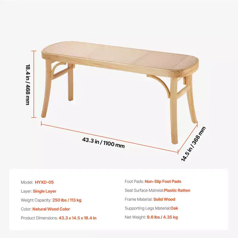 Banc en rotin VEVOR, Banc en rotin en bois de 110 cm, Banc d'entrée avec pieds en bois de chêne, Banc bohème pour bout de lit de chambre avec rotin tissé à la main