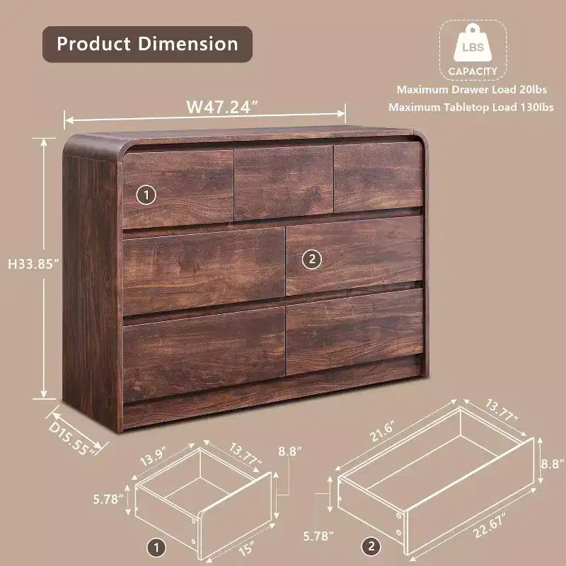 SinCiDo Commode Moderne à 7 Tiroirs, 120 cm de Large, avec Profil Courbé, Texture Naturelle pour Chambre à Coucher, Salon