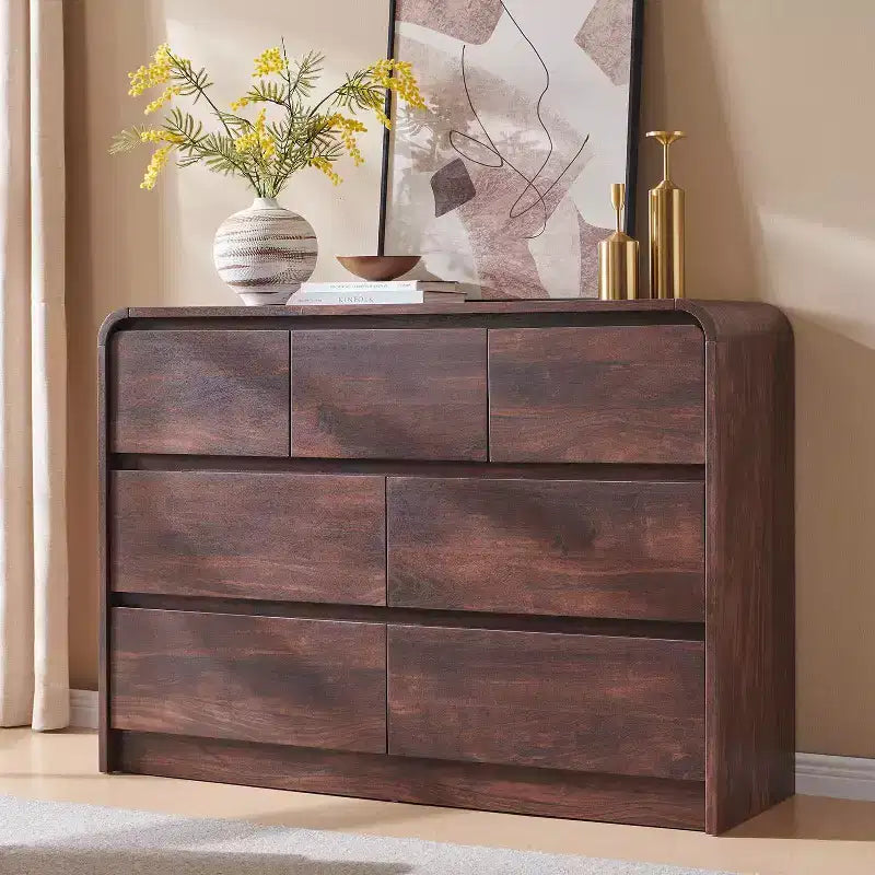SinCiDo Commode Moderne à 7 Tiroirs, 120 cm de Large, avec Profil Courbé, Texture Naturelle pour Chambre à Coucher, Salon