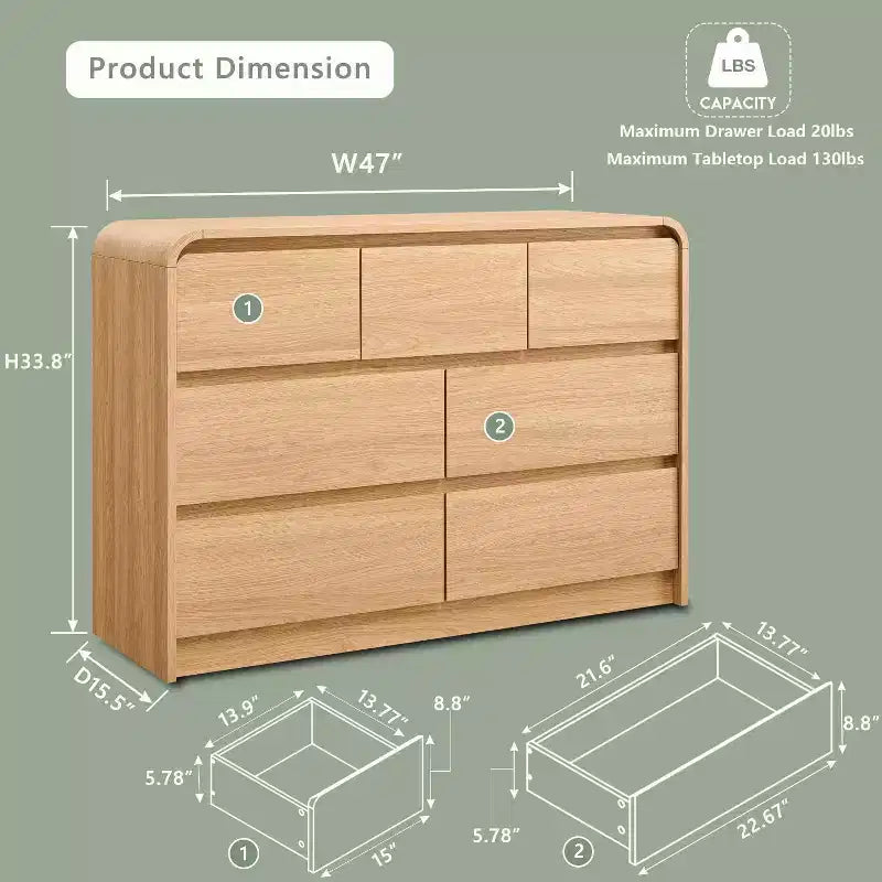 SinCiDo Commode Moderne à 7 Tiroirs, 120 cm de Large, avec Profil Courbé, Texture Naturelle pour Chambre à Coucher, Salon