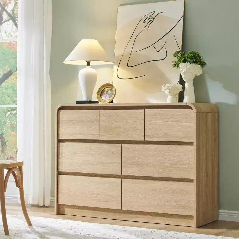 SinCiDo Commode Moderne à 7 Tiroirs, 120 cm de Large, avec Profil Courbé, Texture Naturelle pour Chambre à Coucher, Salon
