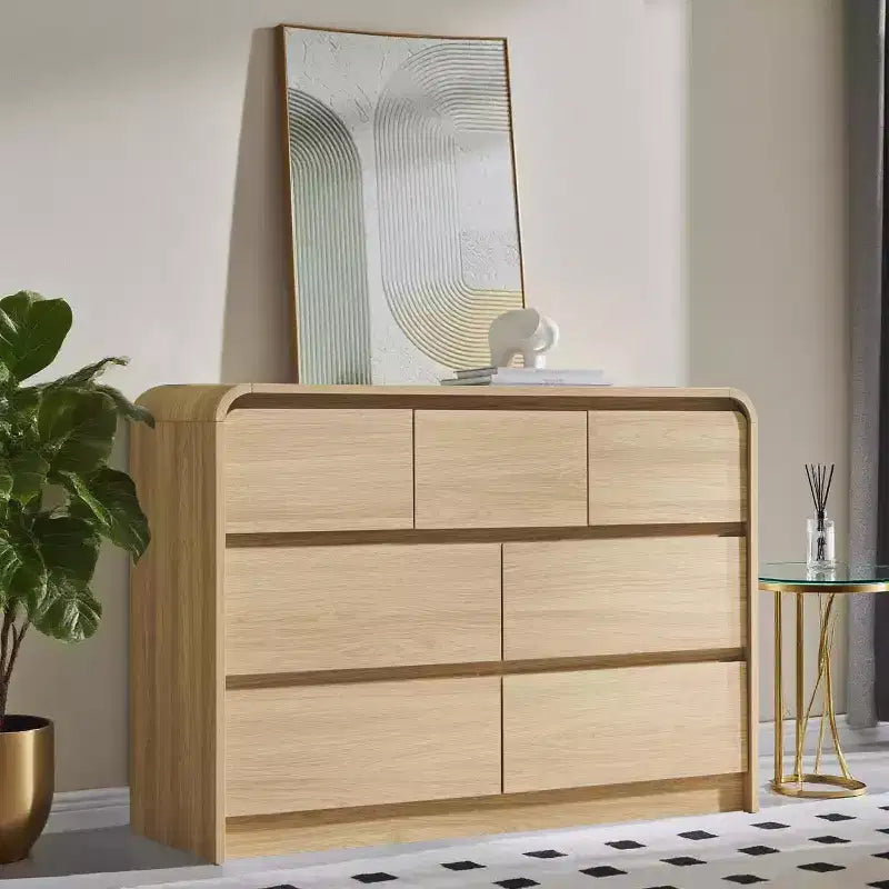 SinCiDo Commode Moderne à 7 Tiroirs, 120 cm de Large, avec Profil Courbé, Texture Naturelle pour Chambre à Coucher, Salon