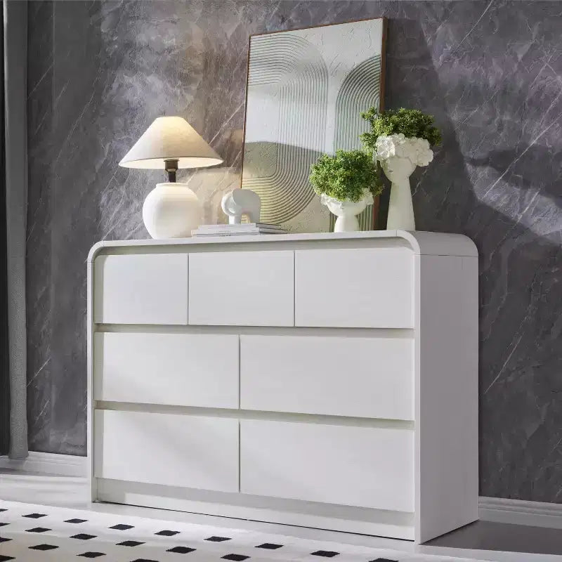 SinCiDo Commode Moderne à 7 Tiroirs, 120 cm de Large, avec Profil Courbé, Texture Naturelle pour Chambre à Coucher, Salon