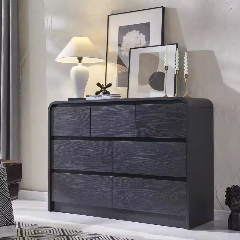 SinCiDo Commode Moderne à 7 Tiroirs, 120 cm de Large, avec Profil Courbé, Texture Naturelle pour Chambre à Coucher, Salon