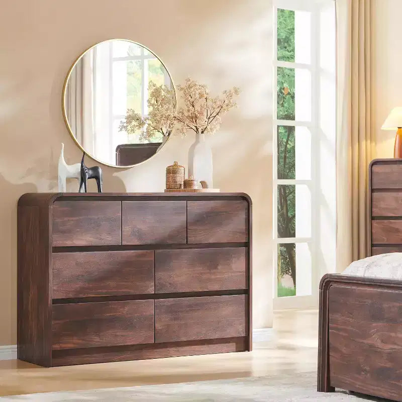 SinCiDo Commode Moderne à 7 Tiroirs, 120 cm de Large, avec Profil Courbé, Texture Naturelle pour Chambre à Coucher, Salon