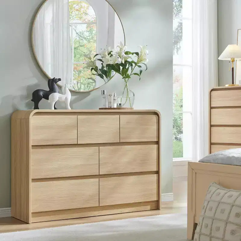 SinCiDo Commode Moderne à 7 Tiroirs, 120 cm de Large, avec Profil Courbé, Texture Naturelle pour Chambre à Coucher, Salon
