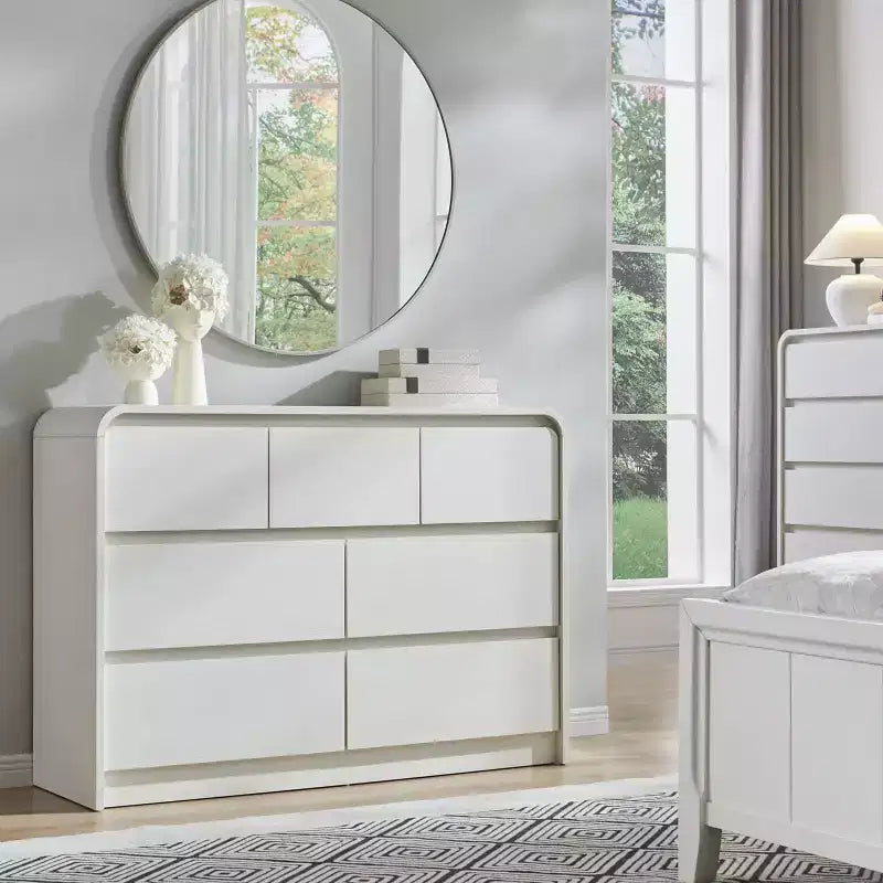 SinCiDo Commode Moderne à 7 Tiroirs, 120 cm de Large, avec Profil Courbé, Texture Naturelle pour Chambre à Coucher, Salon
