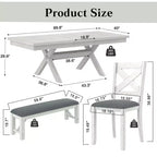 Ensemble de salle à manger extensible VECELO rustique 6 pièces, table en bois d'hévéa avec 4 chaises de salle à manger rembourrées sans accoudoirs et banc pour cuisine, gris