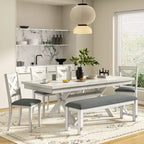 Ensemble de salle à manger extensible VECELO rustique 6 pièces, table en bois d'hévéa avec 4 chaises de salle à manger rembourrées sans accoudoirs et banc pour cuisine, gris