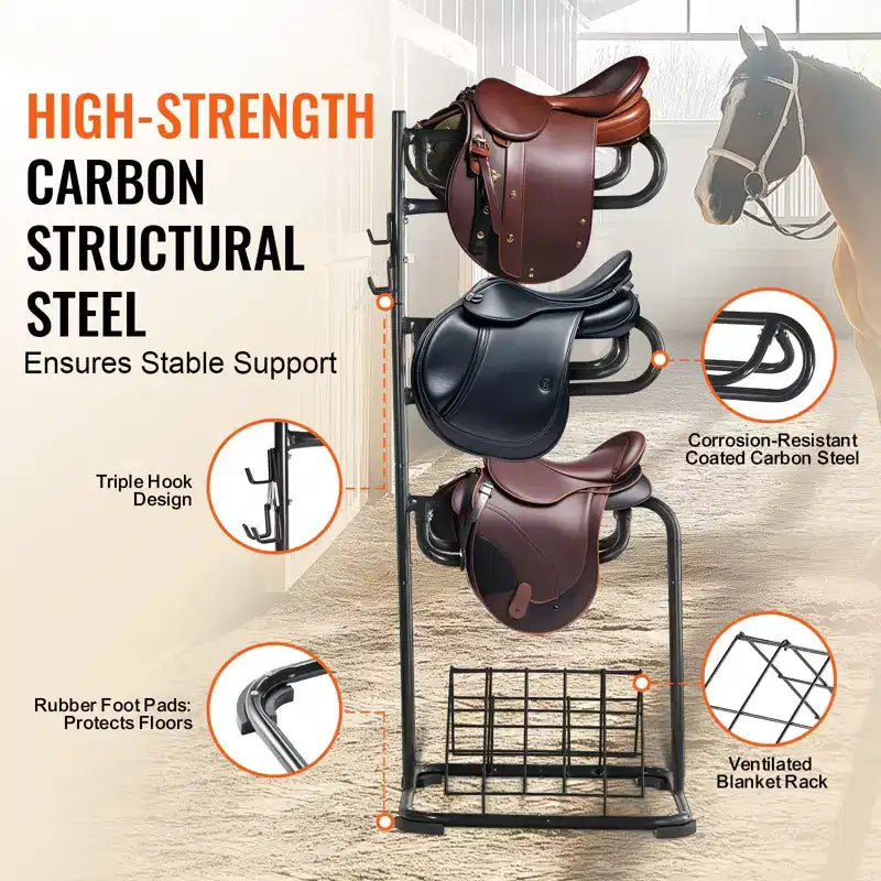 VEVOR Support de Selle Autonome, 76 x 76 x 174 cm, Support de Selle à 3 Niveaux, Porte-Couverture de Selle Robuste avec Niveaux Amovibles et Rotatifs