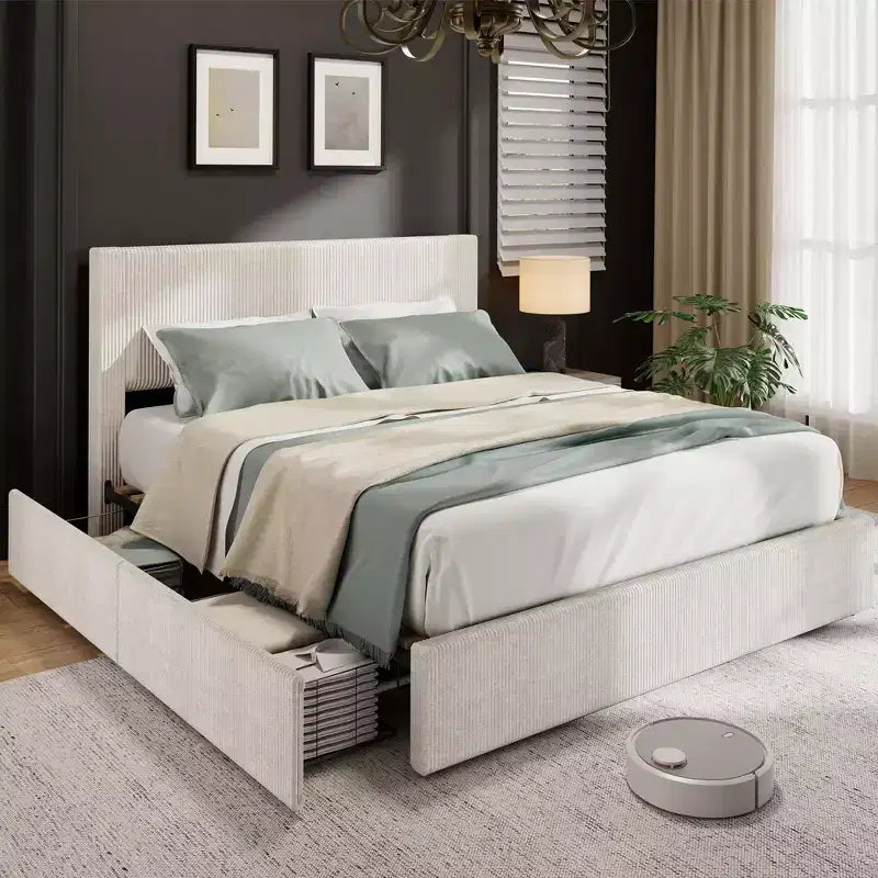 Whizmax Bed Frame with 4 Storage Drawers & Upholstered Wingback Headboard - Wood Slat Support, No Box Spring Needed, Beige