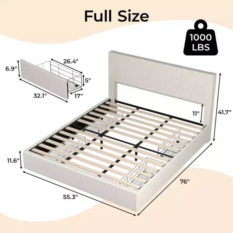Cadre de lit Whizmax avec 4 tiroirs de rangement et tête de lit rembourrée à oreilles – Support à lattes en bois, pas besoin de sommier tapissier, beige