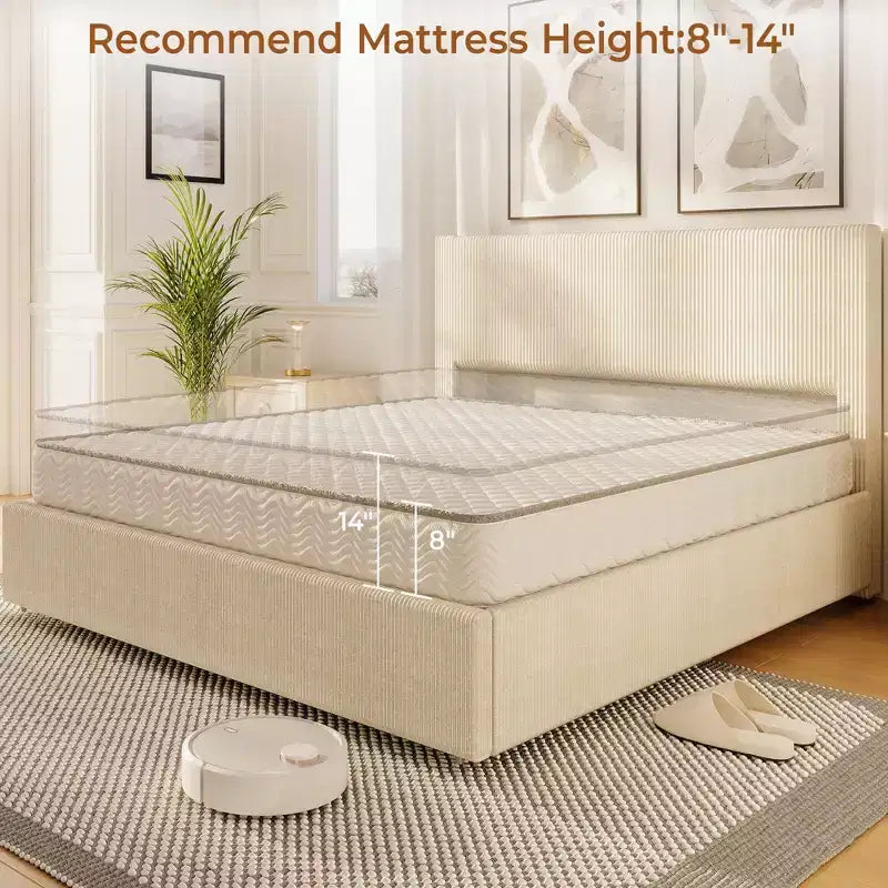 Cadre de lit Whizmax avec 4 tiroirs de rangement et tête de lit rembourrée à oreilles – Support à lattes en bois, pas besoin de sommier tapissier, beige