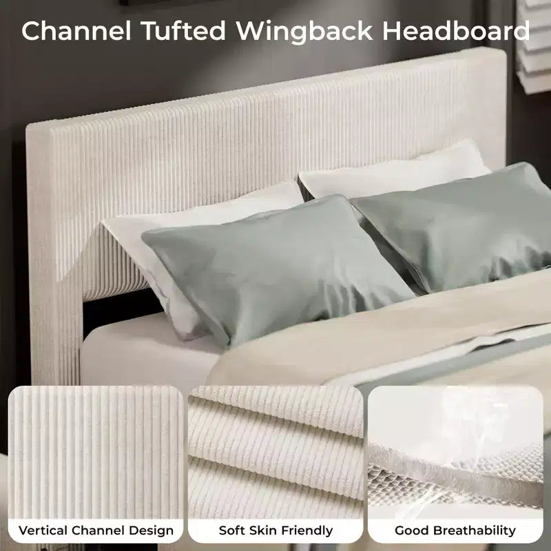Cadre de lit Whizmax avec 4 tiroirs de rangement et tête de lit rembourrée à oreilles – Support à lattes en bois, pas besoin de sommier tapissier, beige
