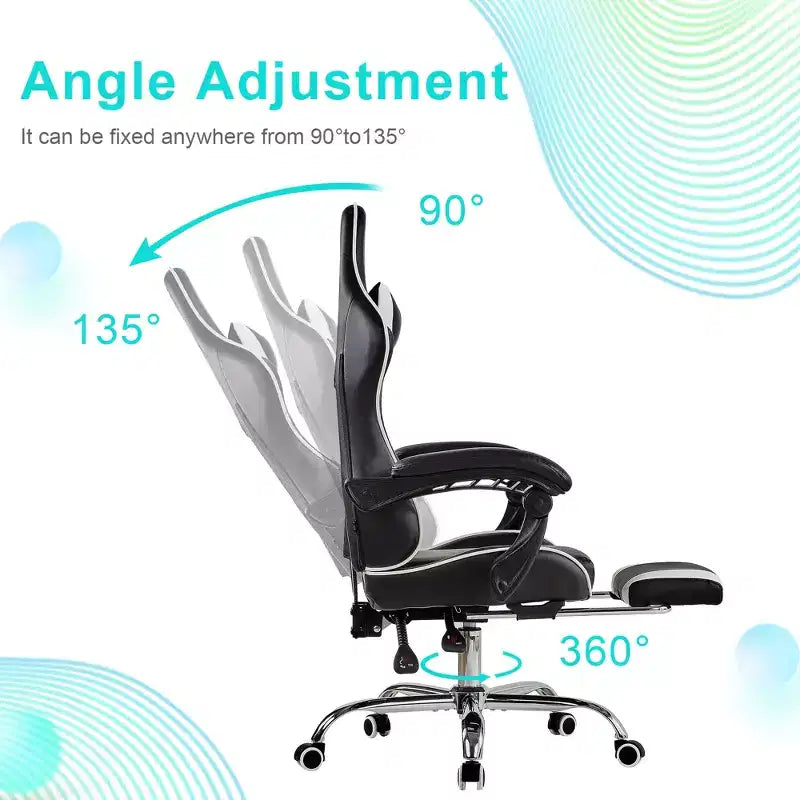 Chaise de jeu inclinable VECELO, Chaise de jeu ergonomique en similicuir réglable en hauteur avec repose-pieds et soutien lombaire, Noir