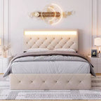 Cadre de lit double avec tête de lit réglable, port USB à chargement rapide, plateforme capitonnée, lumières LED, pas besoin de sommier tapissier, beige