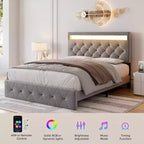 Cadre de lit double avec tête de lit réglable, port USB à chargement rapide, plateforme capitonnée, lumières LED, pas besoin de sommier tapissier, beige