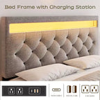 Cadre de lit double avec tête de lit réglable, port USB à chargement rapide, plateforme capitonnée, lumières LED, pas besoin de sommier tapissier, beige