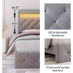 Cadre de lit double avec tête de lit réglable, port USB à chargement rapide, plateforme capitonnée, lumières LED, pas besoin de sommier tapissier, beige