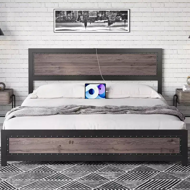 Heavy Duty Full Bed Frame with Charging Station, Modern Industrial Platform Design with Riveted Headboard and Footboard, Easy Assembly