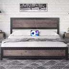Heavy Duty Full Bed Frame with Charging Station, Modern Industrial Platform Design with Riveted Headboard and Footboard, Easy Assembly